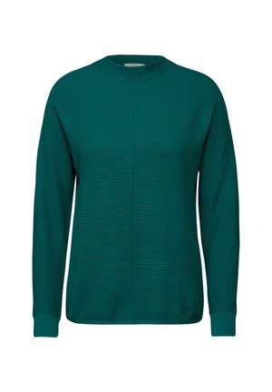 Pull en Tricot Long À Manches Teal avec Texture Côtelée, Col Rond et Coupe Droite. Doté d'une couture centrale sur le devant pour un détail supplémentaire.