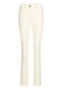 Cremfarbenes, gerades Bein-Hose mit Fronttaschen, Gürtelschlaufen und Knopfverschluss.