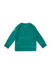 Felpa lunga teal con maniche a sbuffo e orlo a coste, con una toppa a forma di stella verde chiaro sulla manica sinistra, disposta piatta, vista dal retro.