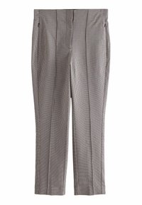 Pantalons à carreaux gris et noirs avec une coupe ajustée, dotés de deux poches latérales, de plis à l'avant et d'une texture de tissu lisse.
