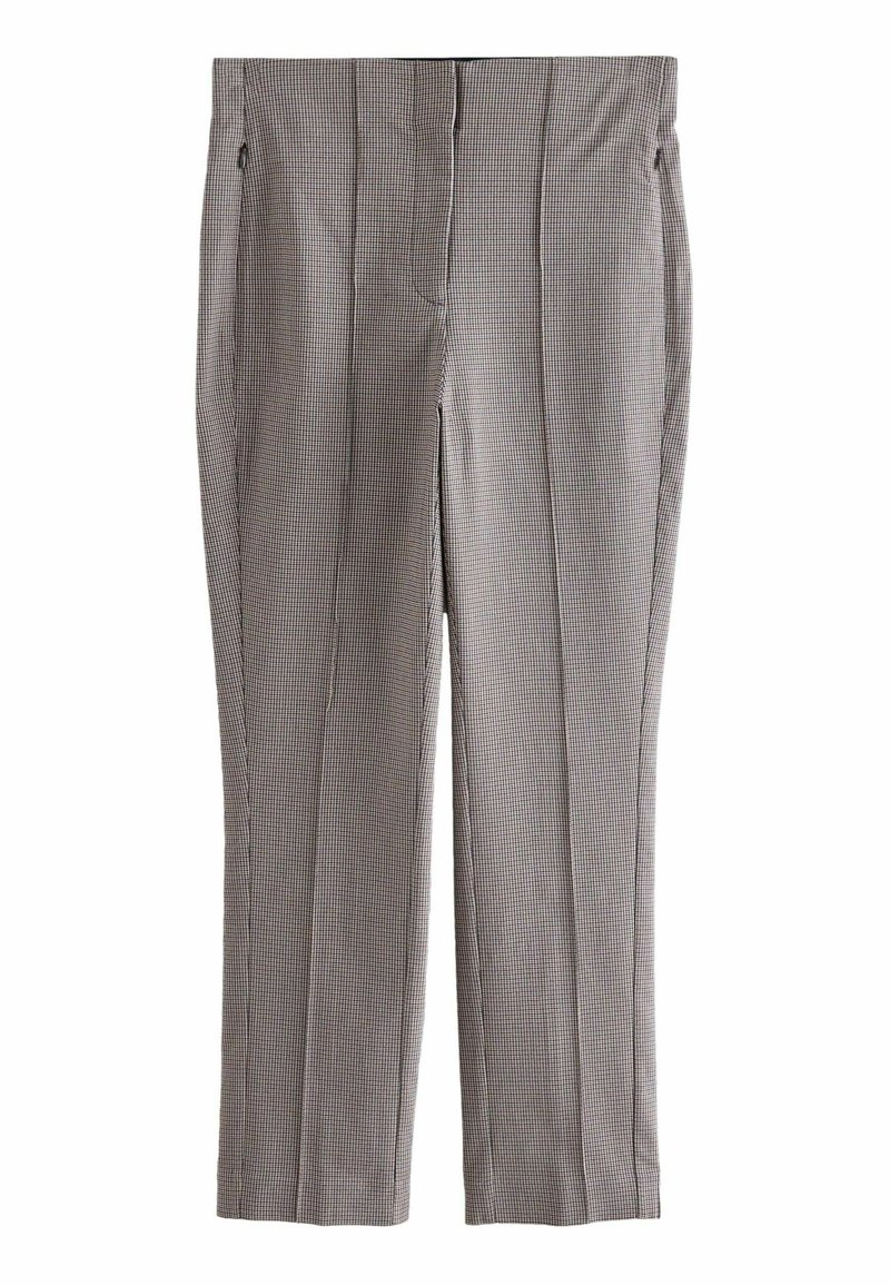 Pantalons à carreaux gris et noirs avec une coupe ajustée, dotés de deux poches latérales, de plis à l'avant et d'une texture de tissu lisse.