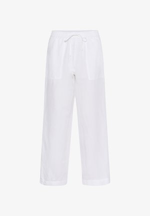 Białe, lniane spodnie o szerokich nogawkach z elastycznym pasem, regulowanym sznurkiem i dwoma przednimi kieszeniami. Gładka tekstura i luźny krój.