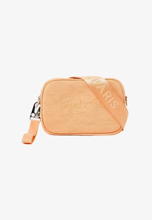 Piccola borsa a tracolla rettangolare color pesca con texture, dotata di tracolla regolabile, impressa con la scritta "Paris" e con logo "Project X Paris" ricamato sulla parte frontale.