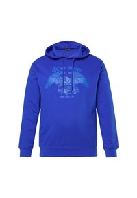 Sudadera azul con gráfico frontal de un águila, texto "DENIM BRAND", "EST. 2007" y "NEW YORK CITY", con cordones en la capucha.