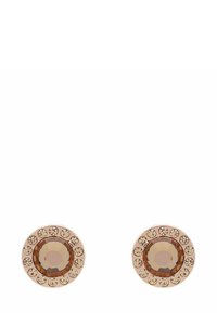 Pendientes redondos con un cristal marrón central rodeado de pequeños cristales transparentes en un tono de metal dorado. Acabado liso y pulido.