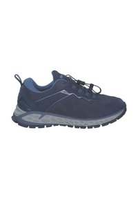 Navy blue athletic shoe with a mesh upper, textured side panels, and a grey outsole. Features a pull tab and elastic laces for secure fit.