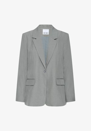 Pelēks žakete no gludas auduma, ar iegriezuma atloku, vienu pogas aizdari un divām priekšējām kabatām ar dekoratīvām šuvēm.