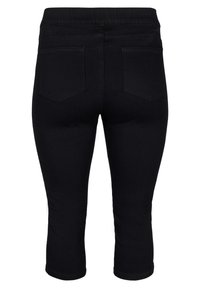 Svarta capribyxor med elastisk midja, med två bakfickor och en figurnära design, tillverkade av stretchigt denim tyg.