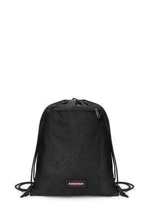 Sort Eastpak rygsæk med snorelukning, med forreste lynlåslomme og logopatch på hvid baggrund.