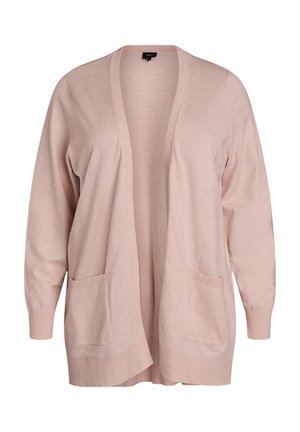 Hellrosa offener Cardigan mit langen Ärmeln und zwei vorderen Taschen aus weichem Strickstoff.