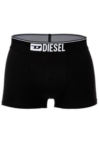 Boxers en coton noirs avec une ceinture élastique blanche contrastante portant l'inscription "DIESEL." Texture douce et design ajusté avec un ourlet arrondi.