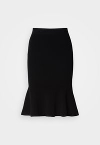 Fustă tip creion din tricot negru cu textură canelată, având un tiv evazat, un brâu elastic și o textură netedă. Ideală pentru ocazii casuale sau formale.