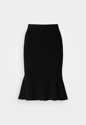 Fustă tip creion din tricot negru cu textură canelată, având un tiv evazat, un brâu elastic și o textură netedă. Ideală pentru ocazii casuale sau formale.