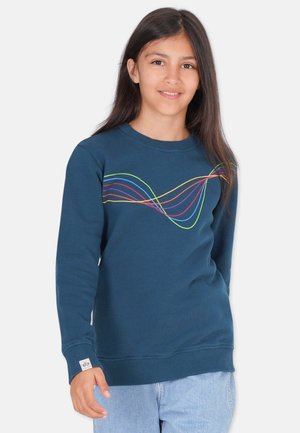 Mørkeblå sweatshirt med farverige bølgemønstre i gul, grøn, pink og orange. Lavet af blødt stof med ribbede manchetter.