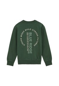 Hanorac verde cu guler rotund, manșete ribbate și un grafic de text pe spate în crem. Designul include text circular și fraza "BLUE RIDGE."