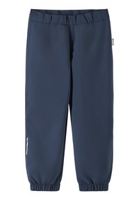 Navy blue jogger pants made of smooth fabric, featuring an elastic waistband and elastic cuffs, with a reflective accent on the side pocket.