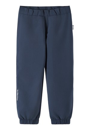 Dunkelblaue Jogginghosen aus glattem Stoff, mit einem elastischen Bund und elastischen Bündchen, versehen mit einem reflektierenden Akzent an der Seitentasche.
