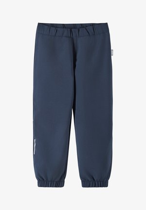 Námornícke modré jogger nohavice vyrobené z hladkého materiálu, s elastickým pásom a elastickými manžetami, s reflexným akcentom na bočnej vrecku.