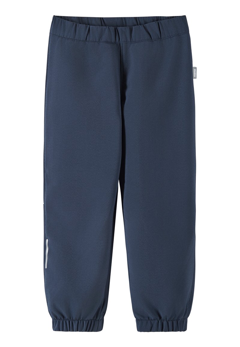 Navy blue jogger pants made of smooth fabric, featuring an elastic waistband and elastic cuffs, with a reflective accent on the side pocket.