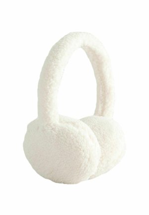 White faux fur earmuffs with a plush, soft texture and a curved headband, featuring round ear coverings. No visible hardware details.