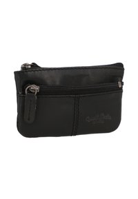 Small black leather pouch with two zippered compartments and visible stitching on a white background.