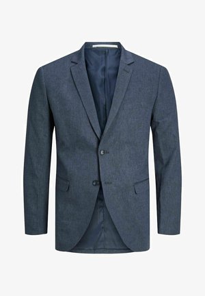 Tmavomodrý blejzer vyrobený z textúrovanej látky, s jednopriehľadovým dizajnom, uzáverom na dva gombíky a vreckom na hrudi s dvoma prednými vreckami.