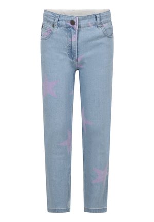 Jeans in denim blu chiaro con vestibilità rilassata, motivi a stelle viola, design a cinque tasche e chiusura con zip e bottone.