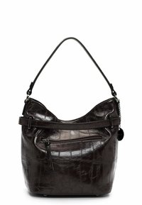 Dark brown leather handbag with a crocodile texture, curved design, zippered front pocket, and a short strap for carrying.