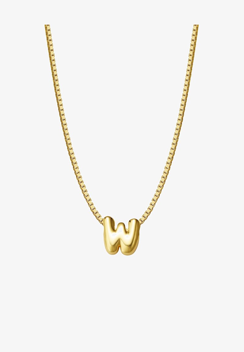 Zlatý náhrdelník s lesklým, vlnitým príveskom v tvare písmena "W". Reťaz má elegantný, štvorcový dizajn, čo vytvára moderný vzhľad.