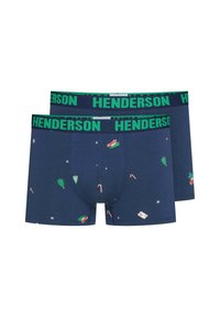 Granatowe męskie bokserki z zielonym paskiem, na którym widnieje marka "HENDERSON". Ozdobione świątecznymi wzorami, w tym cukierkami i choinkami.