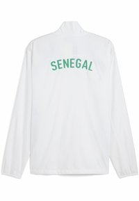 Hvid jakke med høj krave og lange ærmer, med "SENEGAL" trykt i grøn på ryggen i et buet skriftdesign.