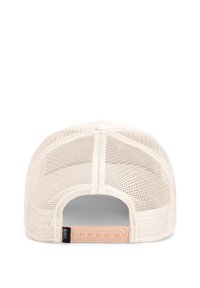White trucker hat with a mesh back, solid front panel, adjustable plastic snap closure, and a black label showing "GOORIN BROS."