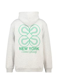 Felpa grigia con cappuccio regolabile. Presenta una grande grafica verde con cerchi sovrapposti e il testo "NEW YORK Tennis Society" sottostante.