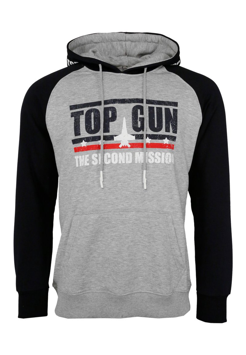 Hoodie med grå kropp och svarta ärmar. Har en "TOP GUN" grafisk design i blått, rött och vitt på framsidan. Framtida ficka ingår.