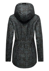 Capuchonjack met een donker gemarmerde buitenkant en blauwe geometrische designs, elastische taille en lange mouwen.
