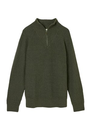 Dunkelgrüner gestrickter Pullover mit einem Viertel-Reißverschlusskragen, gerippter Textur und langen Ärmeln. Verfügt über schräge Nähte entlang der Schultern.