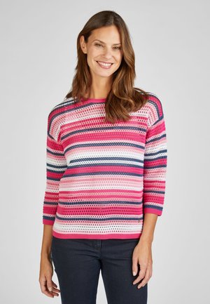Leichter Strickpullover mit horizontalen Streifen in Pink, Marineblau und Weiß. Hat eine lockere Passform, Dreiviertelärmel und einen runden Halsausschnitt.