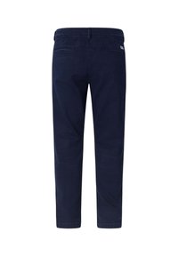 Navy blue trousers with a smooth texture, tapered design, two back pockets, and a waistband label. Adjustable cuffs at the bottom.