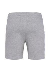 Grau Sportshorts aus weichem Stoff mit einem elastischen Bund, seitlichen Taschen und weißen grafischen Akzenten an den Seiten.