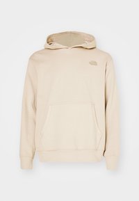 Sudadera beige hecha de una tela suave, con un bolsillo frontal, capucha con cordón y un pequeño logo en el pecho. Diseño básico con puños acanalados.
