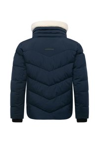 Giacca puffer navy con motivo a rombi, colletto in pelliccia sintetica e polsini neri a costine. Presenta un logo discreto sul retro.