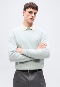 Jeune homme aux cheveux courts et bouclés portant un pull gris clair par-dessus une chemise blanche à col, les bras croisés, debout devant un fond uni.