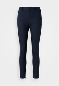 Mørkeblå bukser laget av stretchstoff, slim fit, med flat front, beltehemper og glidelåser på ankelkantene.