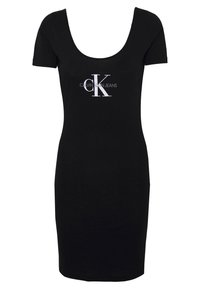 Černé šaty s krátkým rukávem a kulatým výstřihem, vyrobené z hladkého materiálu, s potiskem "CALVIN KLEIN JEANS" na přední straně.