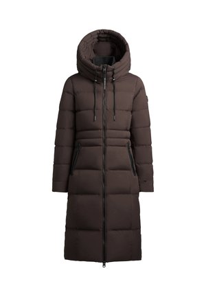 Cappotto puffo marrone con cappuccio, cuciture verticali, zip frontale e tasche laterali. Dotato di lacci e design fino al ginocchio.