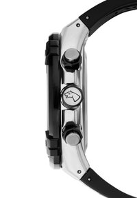 Schwarze Gummiband-Uhr mit einem Gehäuse aus Edelstahl. Zu den Funktionen gehören drei Druckknöpfe und ein kreisförmiges Logo, das einen Pferdekopf zeigt.