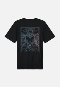 Black cotton t-shirt featuring a vibrant, outlined graphic design on the back, depicting abstract shapes and lines in gradient blue and pink.