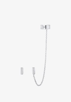 Silver chain earring with two cylindrical beads, one attached to a clasp and the other loose, featuring a smooth, reflective surface.