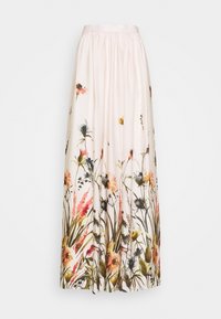 Maxikjol i lätt tyg med mjukt rosa bakgrund och blommönster i flera färger. Resår i midjan.