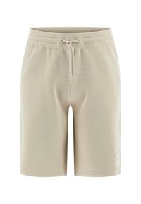 Beige cotton blend shorts with a drawstring waist, straight cut, and a square logo patch on the lower side. Smooth texture.